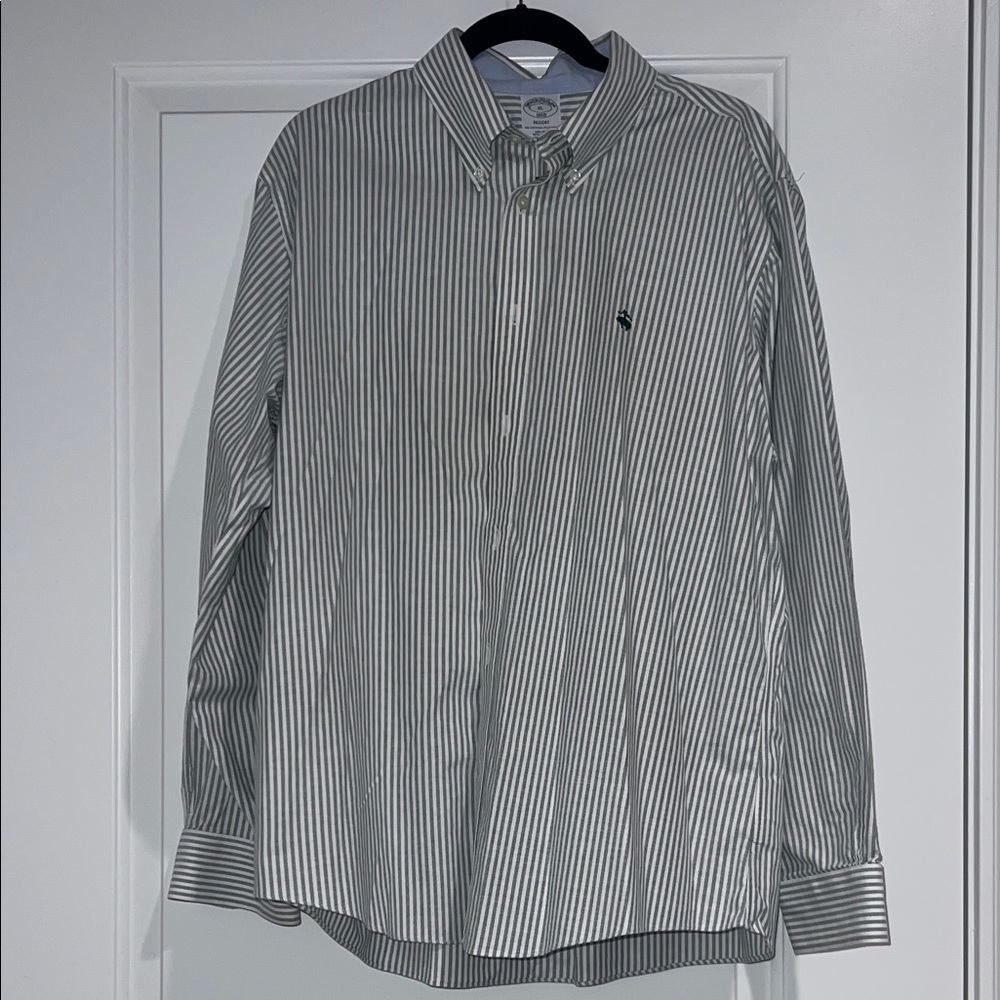 Brooks Brothers Green and White Striped Button-Down Shirt